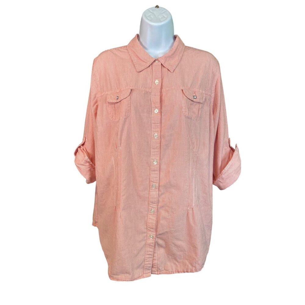Kim Rogers 1X Coral Pink Pinstripe Shirt Blouse Coastal Chic Preppy Classic